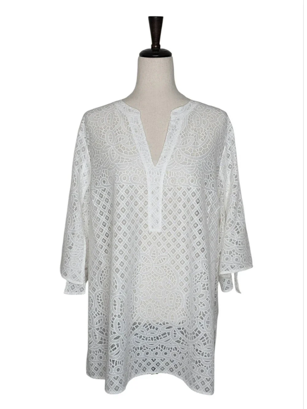 Chico's White Open Lace Split Notched V-neck 3/4 Sleeve Tunic Top Size XL - Picture 2 of 9